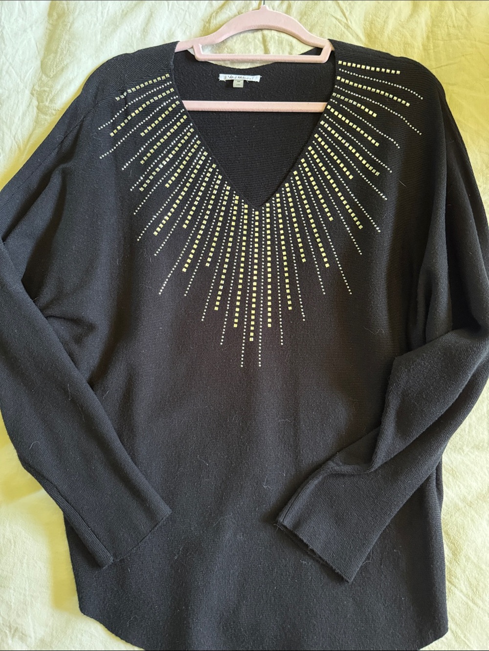 Black V‑Neck Sweater with Gold Accent Studs - Women